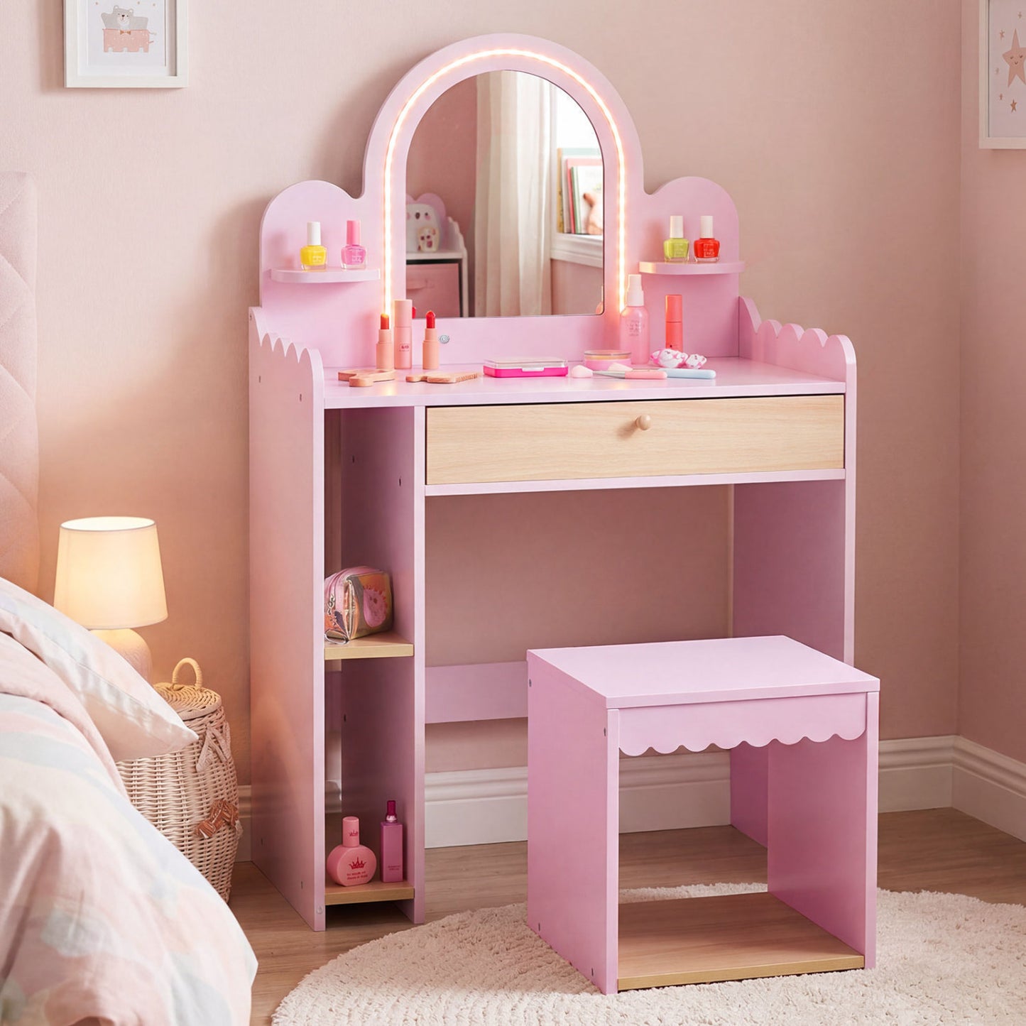 Pretend Makeup Dressing Table Set with 2 Small Shelves and Compartments, Pink