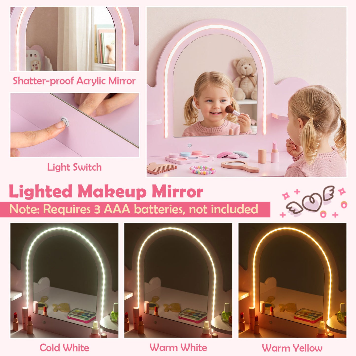Pretend Makeup Dressing Table Set with 2 Small Shelves and Compartments, Pink