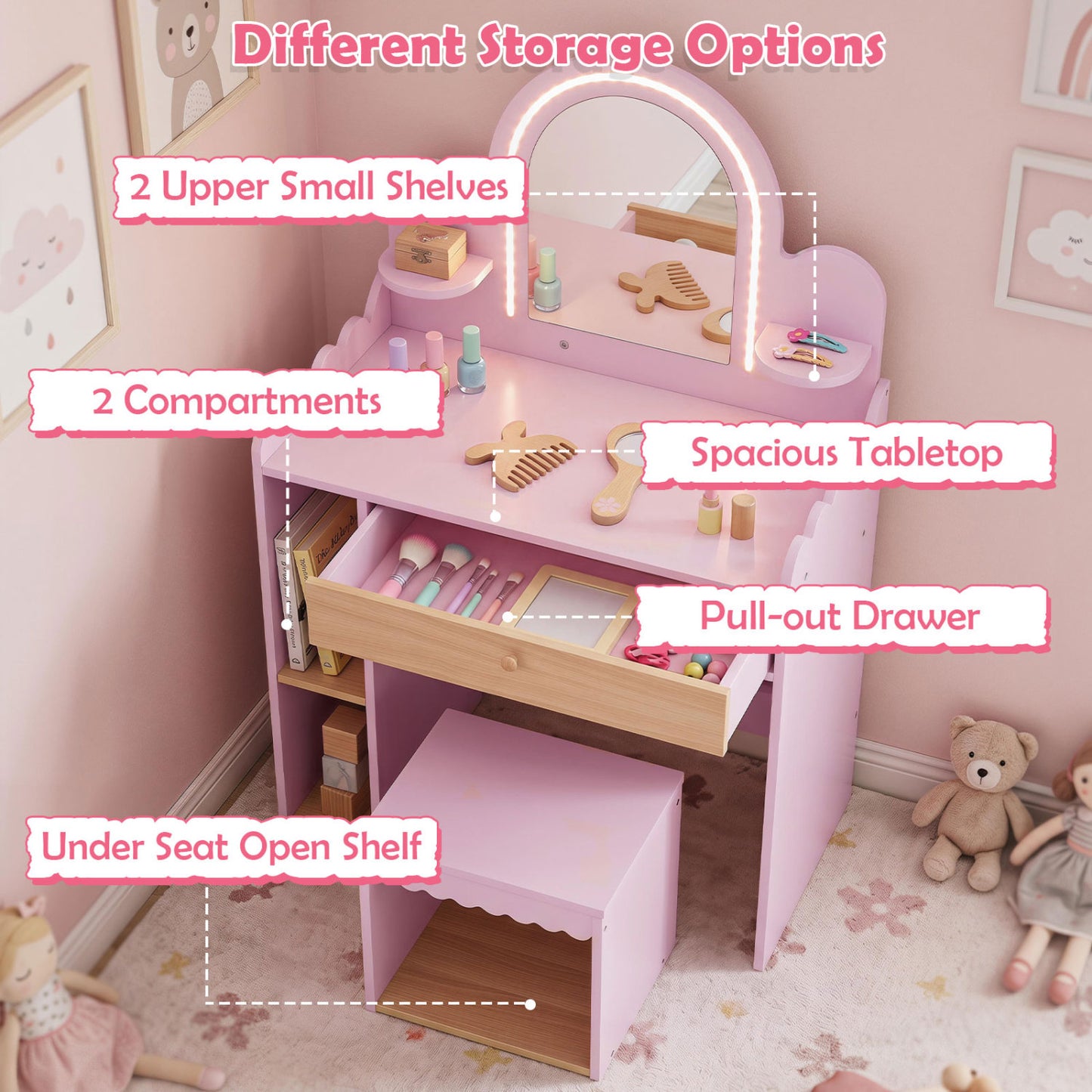 Pretend Makeup Dressing Table Set with 2 Small Shelves and Compartments, Pink
