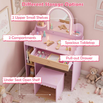 Pretend Makeup Dressing Table Set with 2 Small Shelves and Compartments, Pink