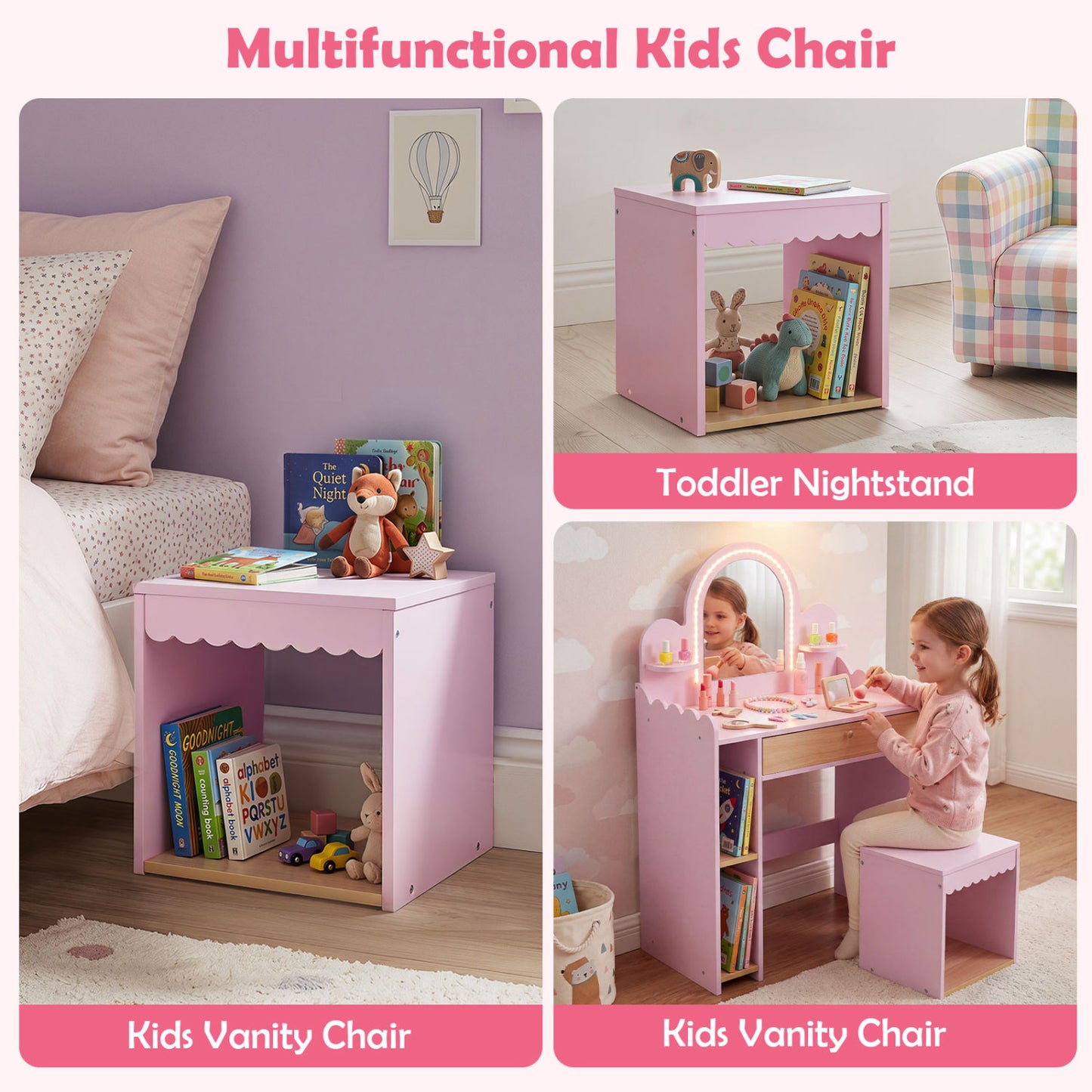 Pretend Makeup Dressing Table Set with 2 Small Shelves and Compartments, Pink