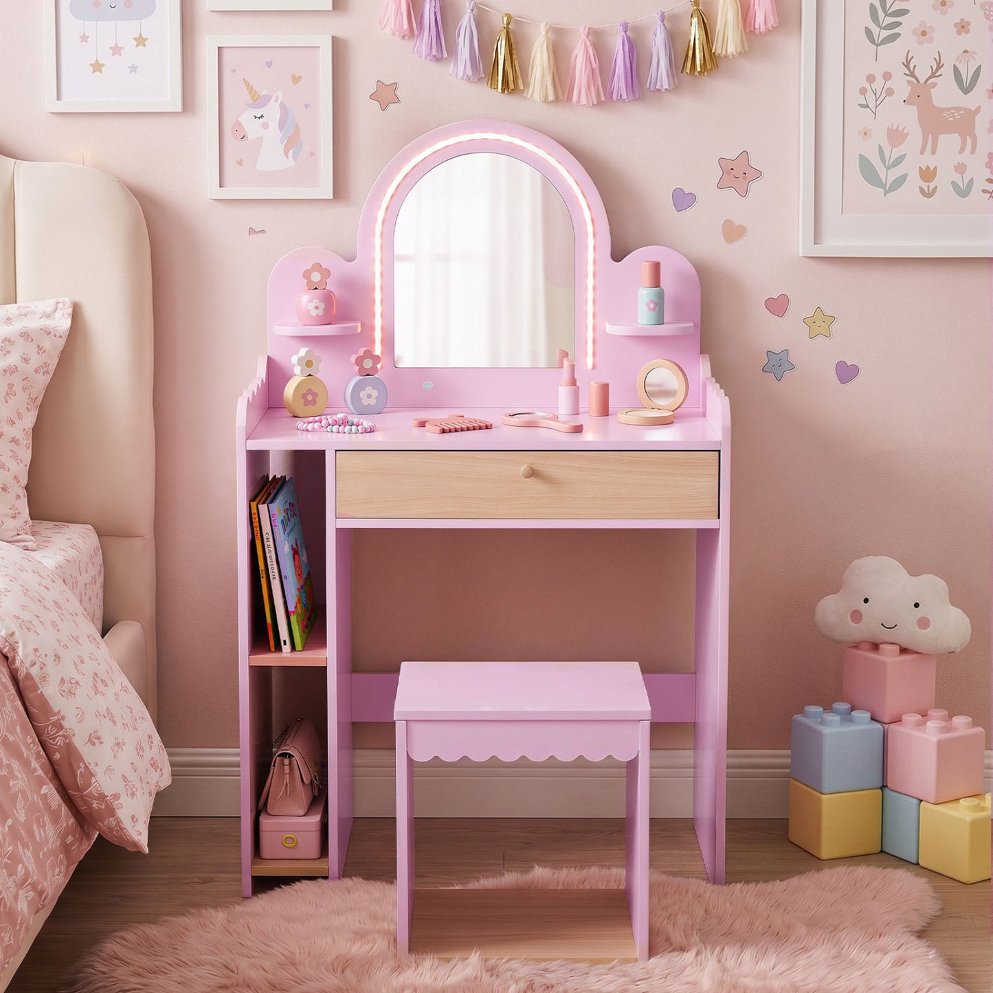 Pretend Makeup Dressing Table Set with 2 Small Shelves and Compartments, Pink Makeup Vanities at Gallery Canada