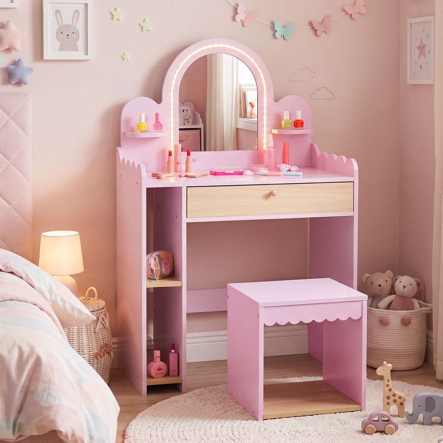 Pretend Makeup Dressing Table Set with 2 Small Shelves and Compartments, Pink Makeup Vanities at Gallery Canada