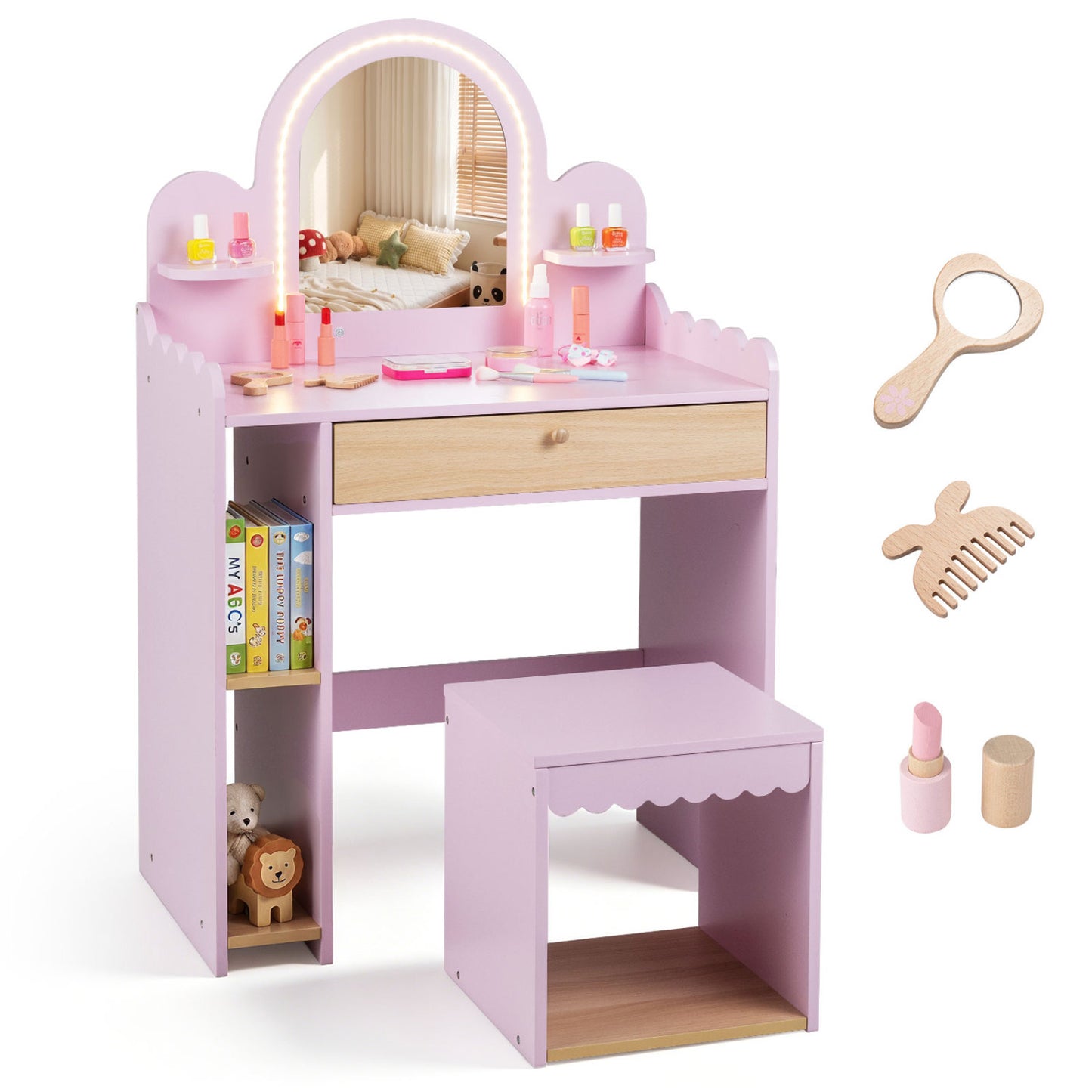 Pretend Makeup Dressing Table Set with 2 Small Shelves and Compartments, Pink Makeup Vanities at Gallery Canada