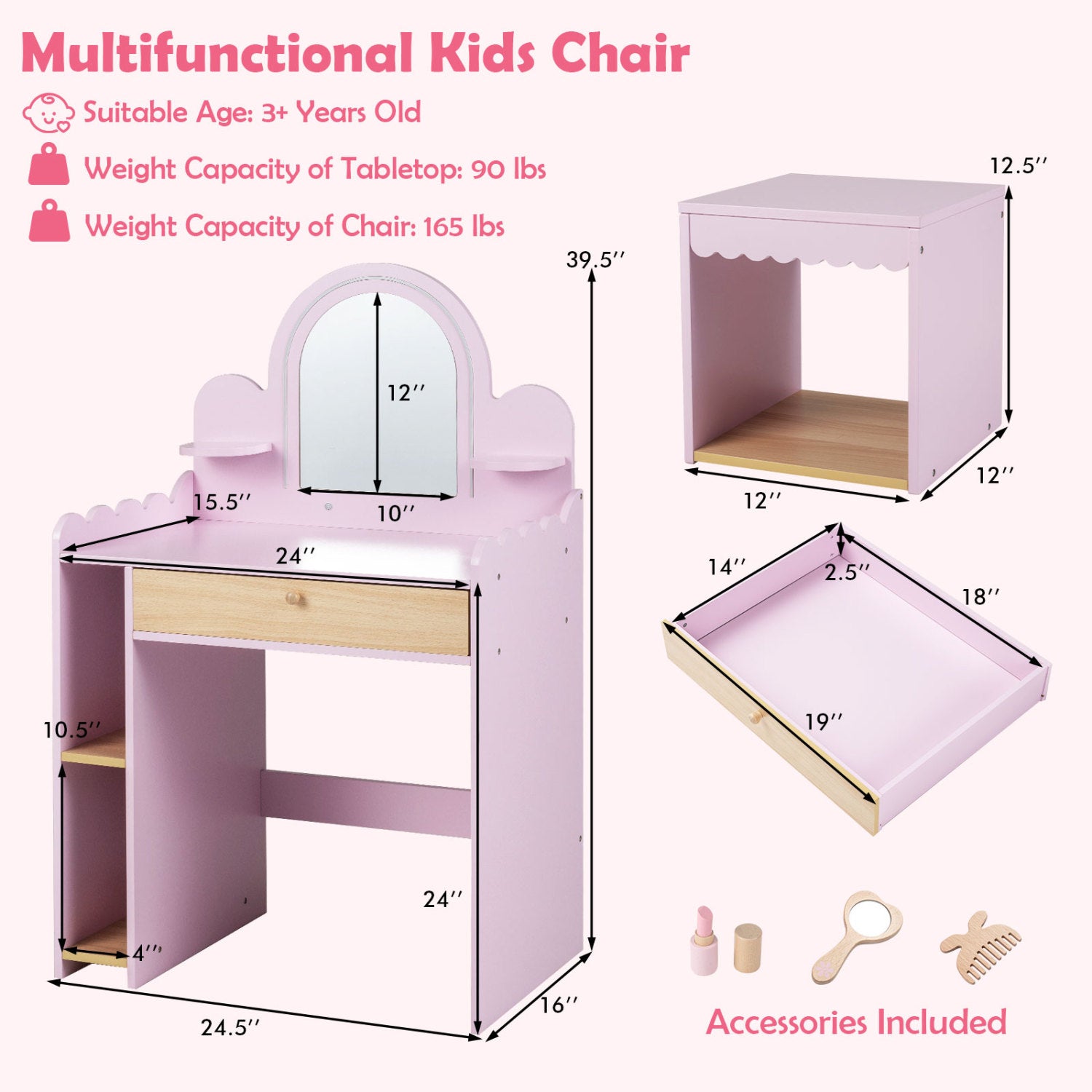 Pretend Makeup Dressing Table Set with 2 Small Shelves and Compartments, Pink Makeup Vanities at Gallery Canada