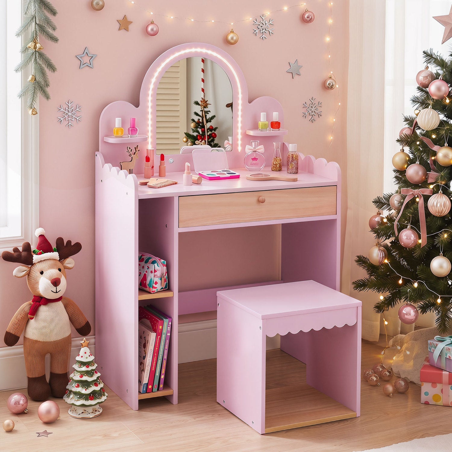 Pretend Makeup Dressing Table Set with 2 Small Shelves and Compartments, Pink Makeup Vanities at Gallery Canada
