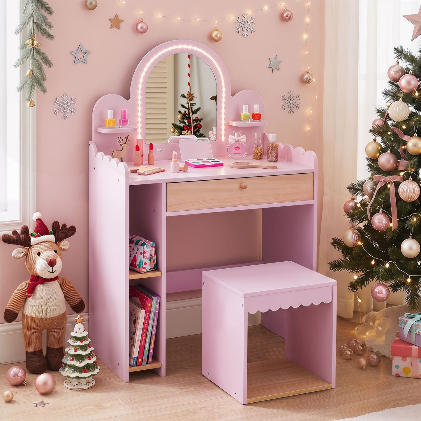 Pretend Makeup Dressing Table Set with 2 Small Shelves and Compartments, Pink Makeup Vanities at Gallery Canada