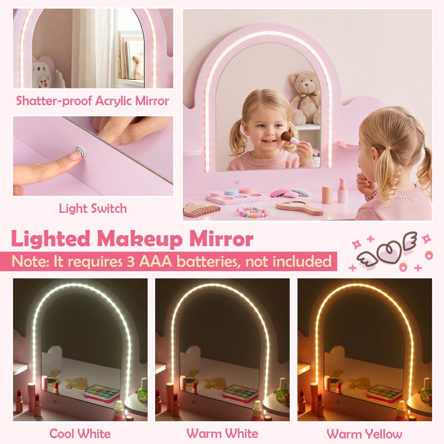 Pretend Makeup Dressing Table Set with 2 Small Shelves and Compartments, Pink Makeup Vanities at Gallery Canada