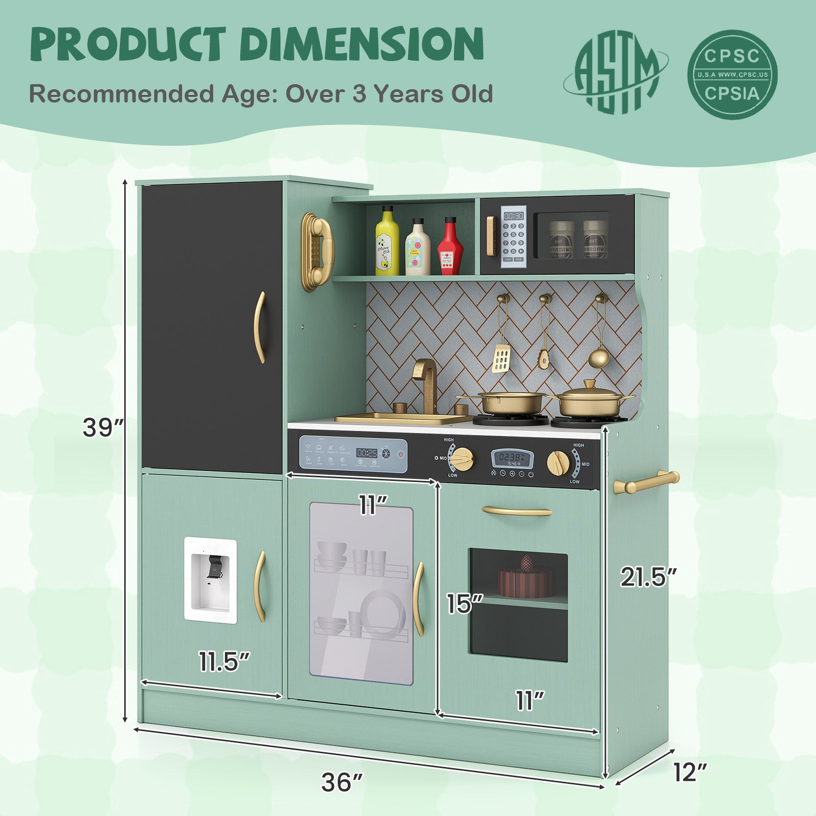 Pretend Play Kitchen with Utensils for Kids Aged 3+, Green Play Kitchen Sets at Gallery Canada