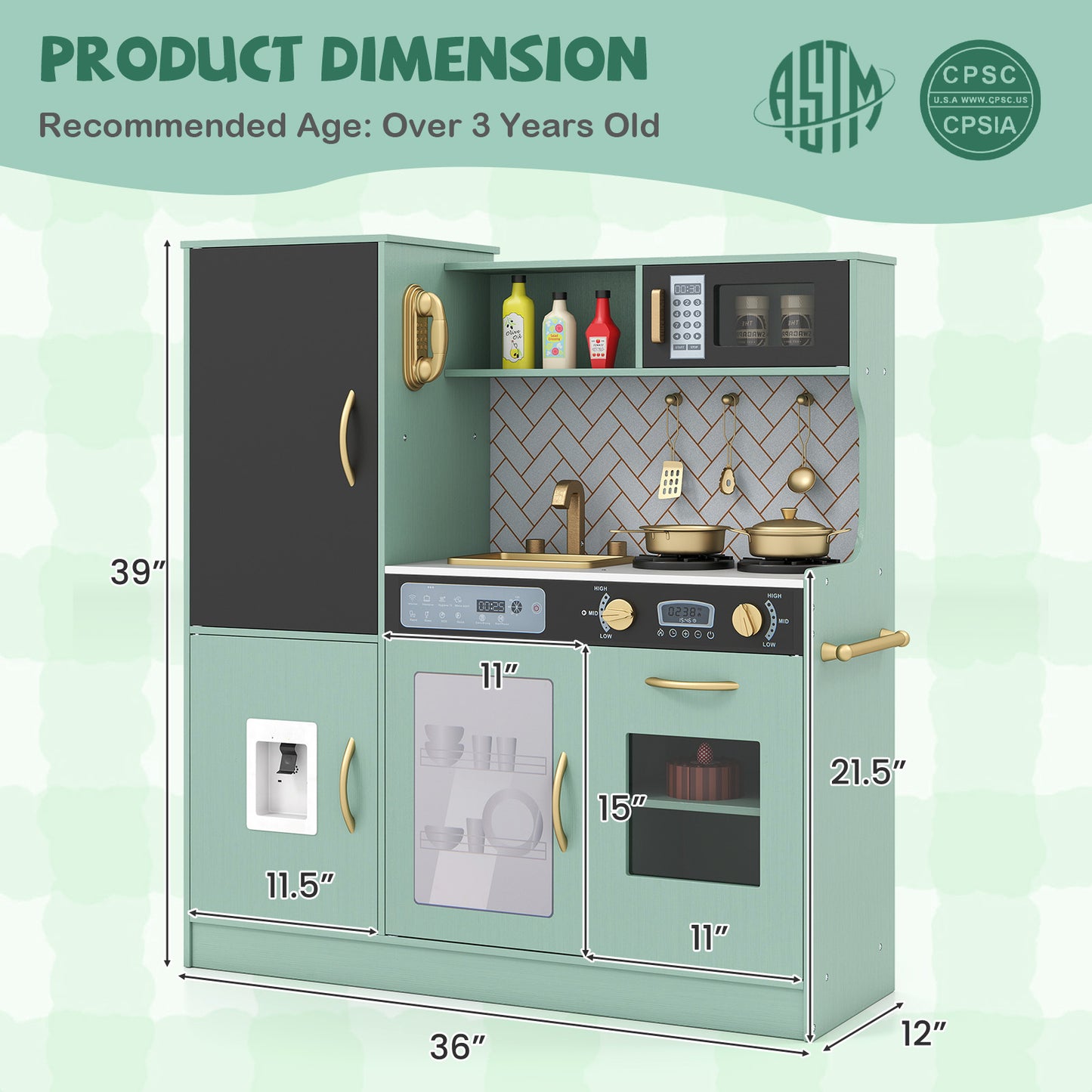 Pretend Play Kitchen with Utensils for Kids Aged 3+, Green Play Kitchen Sets at Gallery Canada