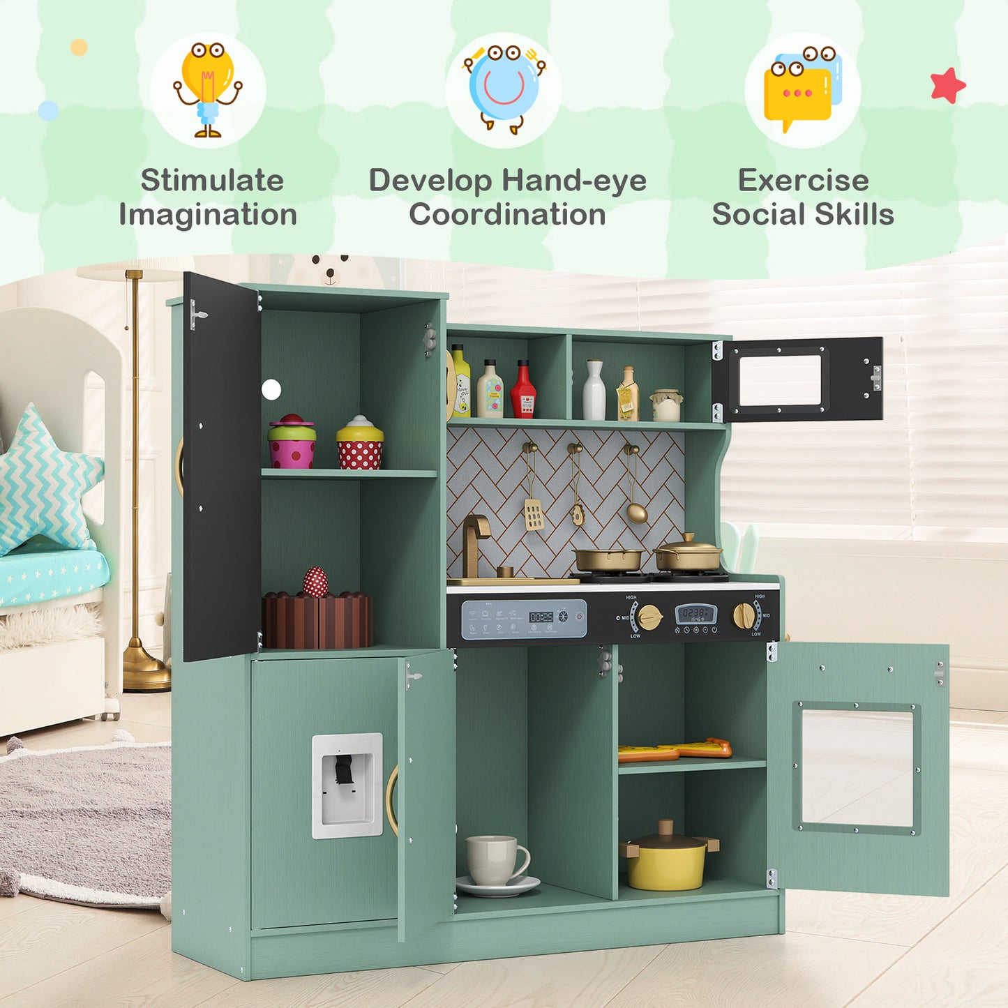 Pretend Play Kitchen with Utensils for Kids Aged 3+, Green Play Kitchen Sets at Gallery Canada