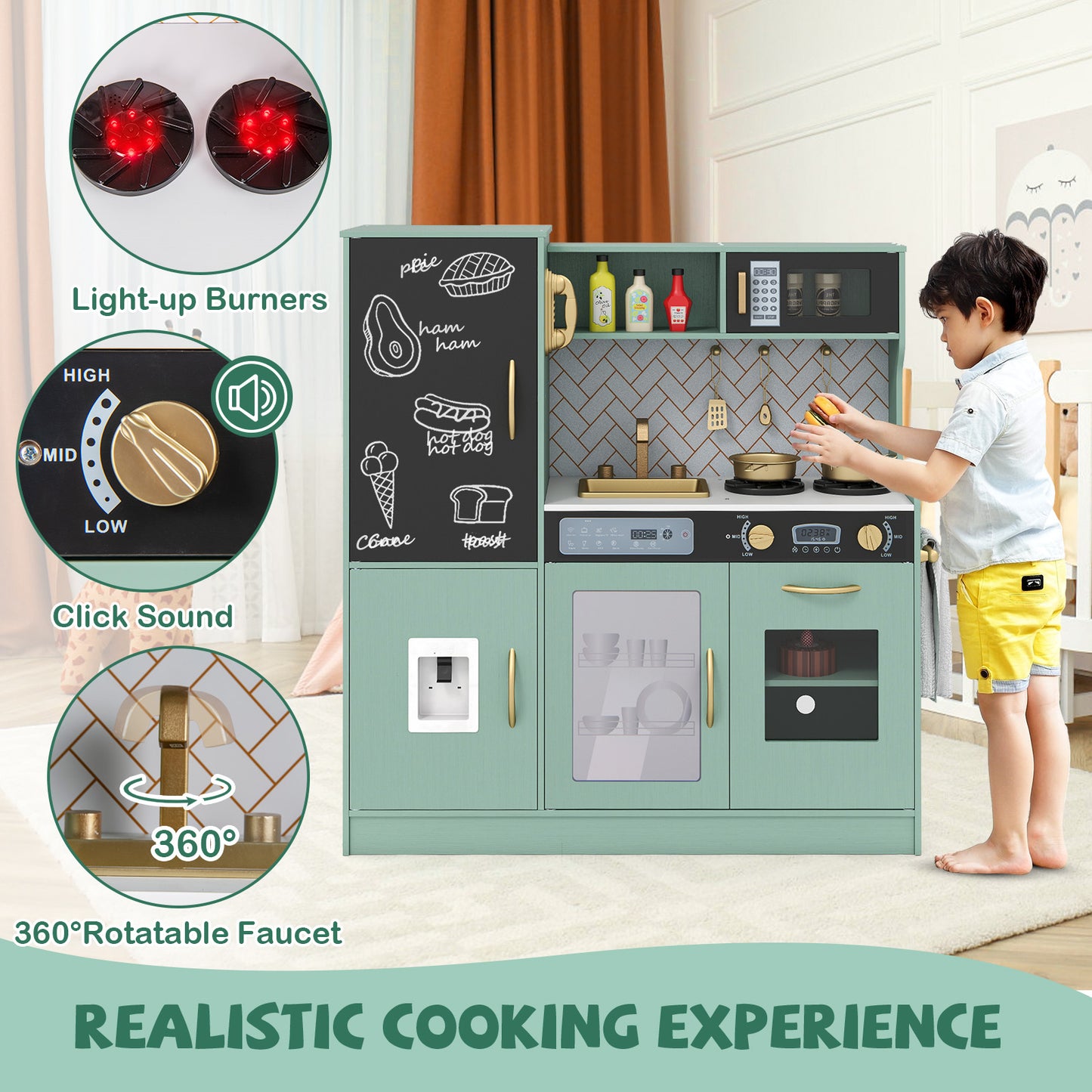 Pretend Play Kitchen with Utensils for Kids Aged 3+, Green Play Kitchen Sets at Gallery Canada