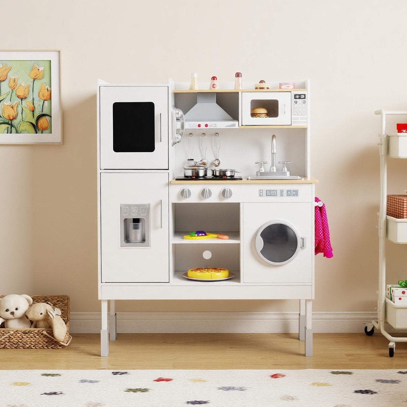 Pretend Play Kitchen Toy Kitchen Playset with Range Hood Ice Maker and Telephone, White Play Kitchen Sets at Gallery Canada