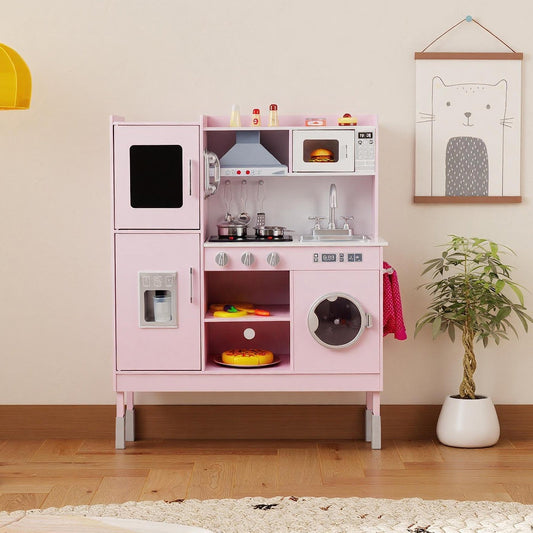 Pretend Play Kitchen Toy Kitchen Playset with Range Hood Ice Maker and Telephone, Pink Play Kitchen Sets Pink at Gallery Canada