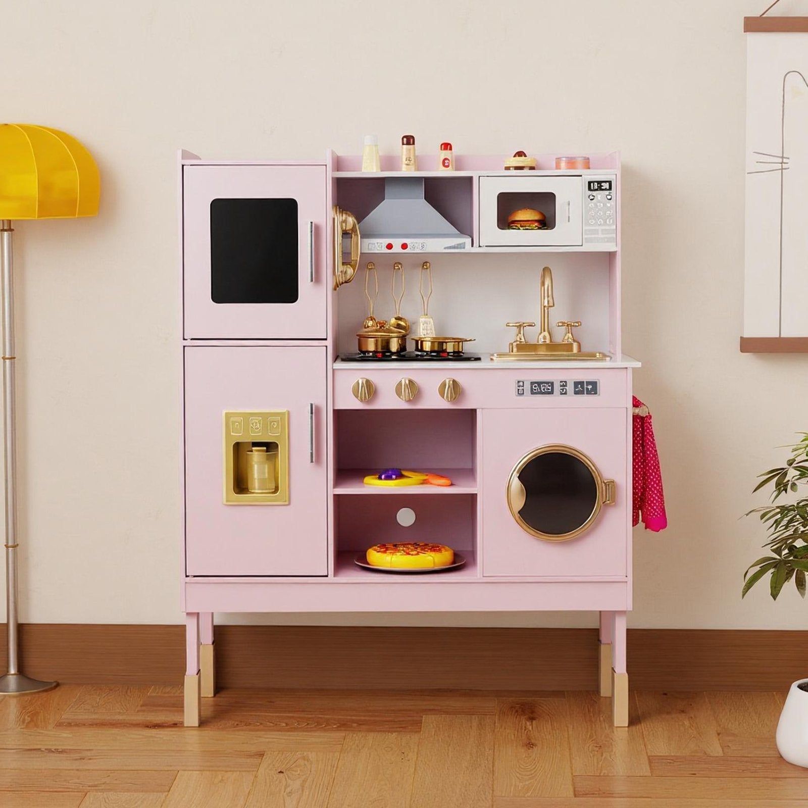 Pretend Play Kitchen Toy Kitchen Playset with Range Hood Ice Maker and Telephone, Light Pink Play Kitchen Sets at Gallery Canada
