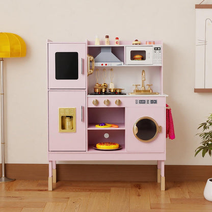 Pretend Play Kitchen Toy Kitchen Playset with Range Hood Ice Maker and Telephone, Light Pink Play Kitchen Sets at Gallery Canada