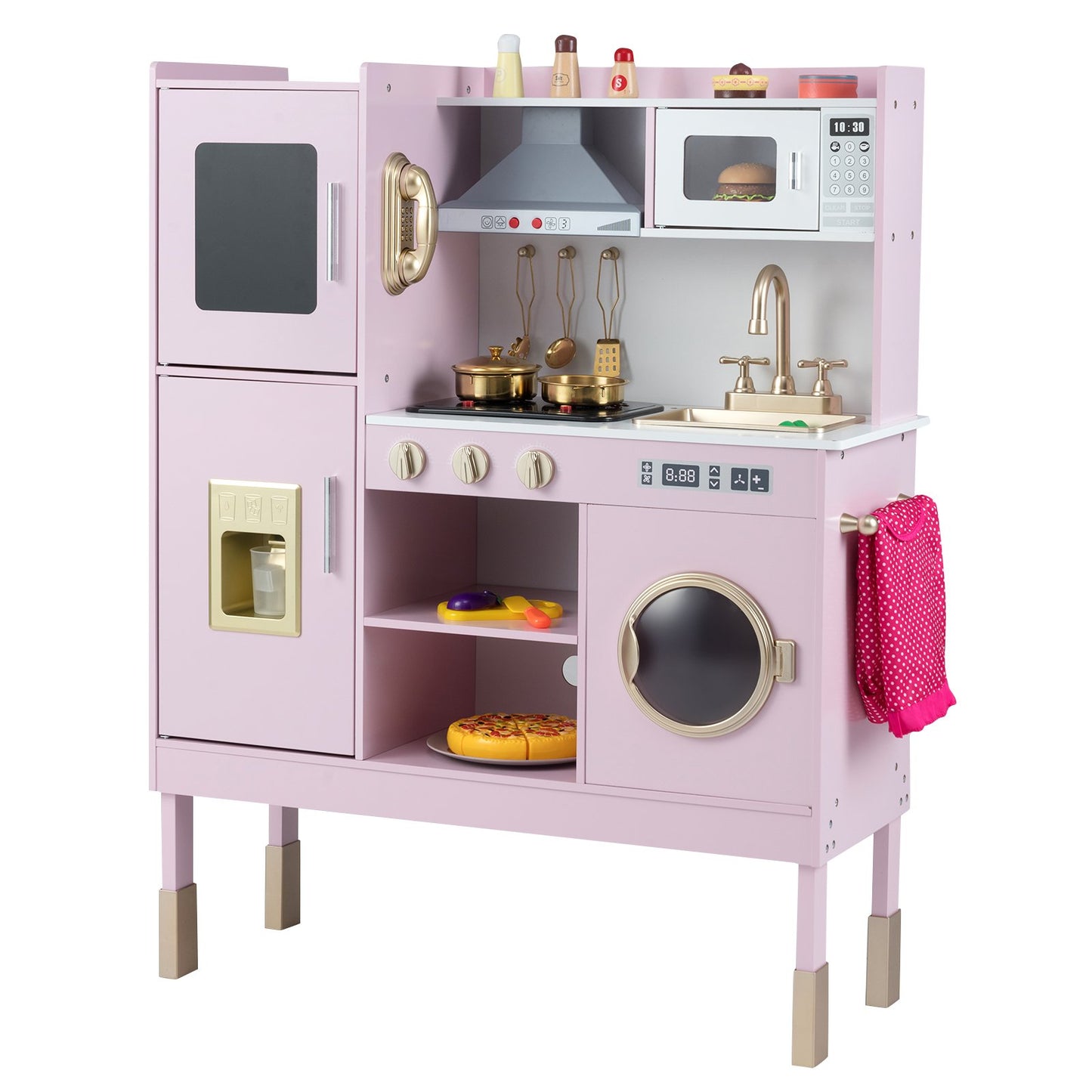 Pretend Play Kitchen Toy Kitchen Playset with Range Hood Ice Maker and Telephone, Light Pink Play Kitchen Sets Light Pink at Gallery Canada