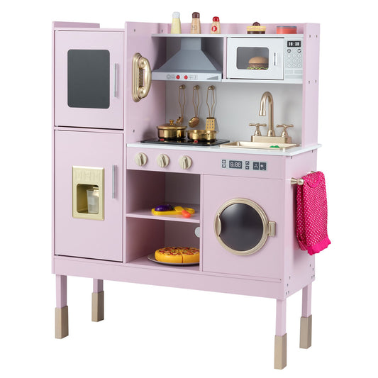 Pretend Play Kitchen Toy Kitchen Playset with Range Hood Ice Maker and Telephone, Light Pink Play Kitchen Sets Light Pink at Gallery Canada