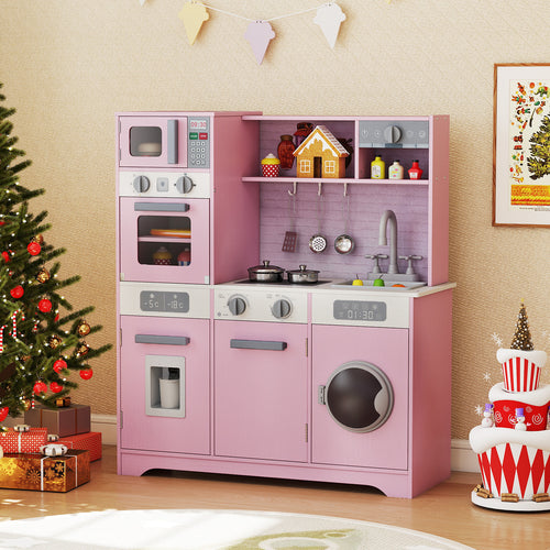 Pretend Play Kitchen Wooden Toy Set, With Real Lights Sounds, Pink