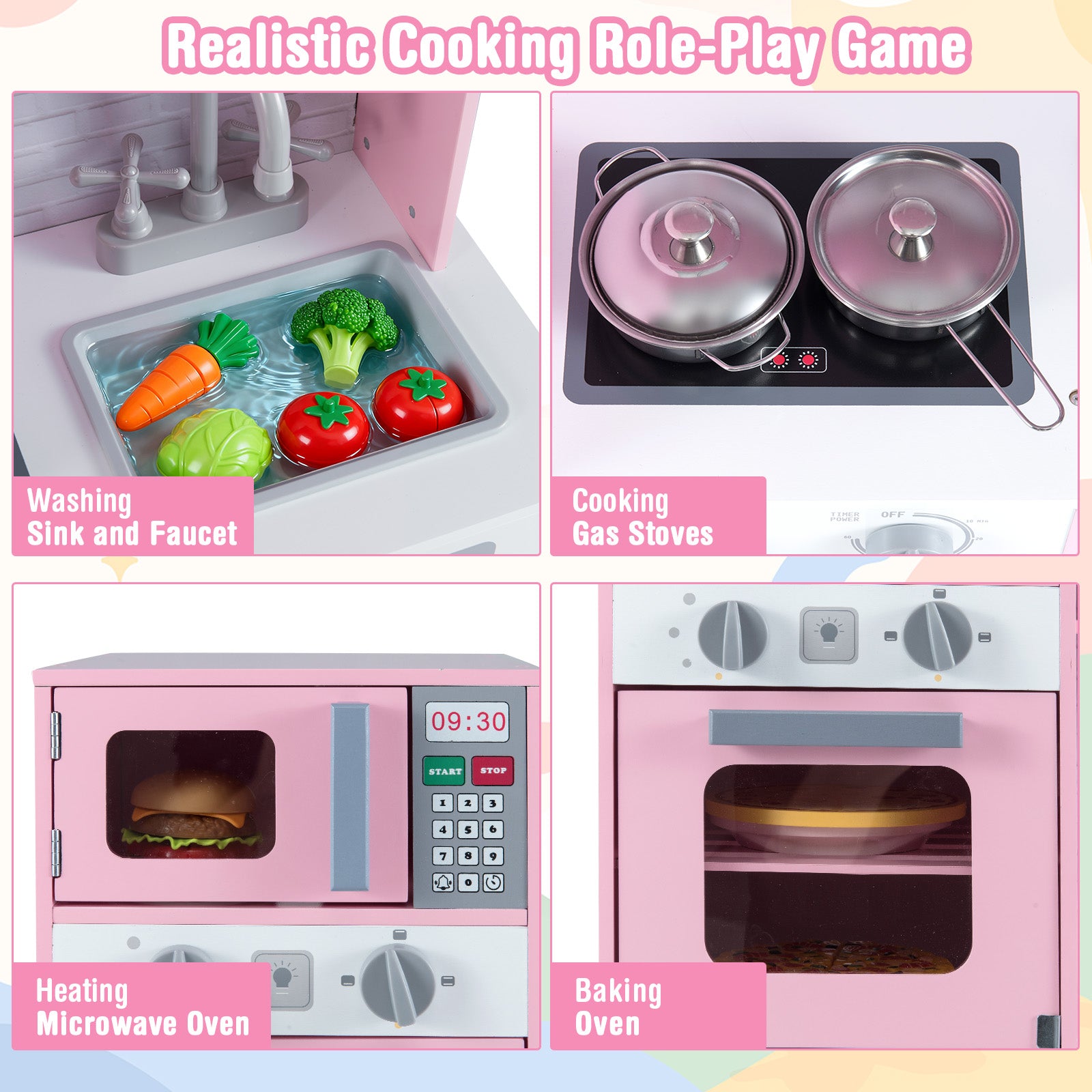 Pretend Play Kitchen Wooden Toy Set, With Real Lights Sounds, Pink Play Kitchen Sets at Gallery Canada