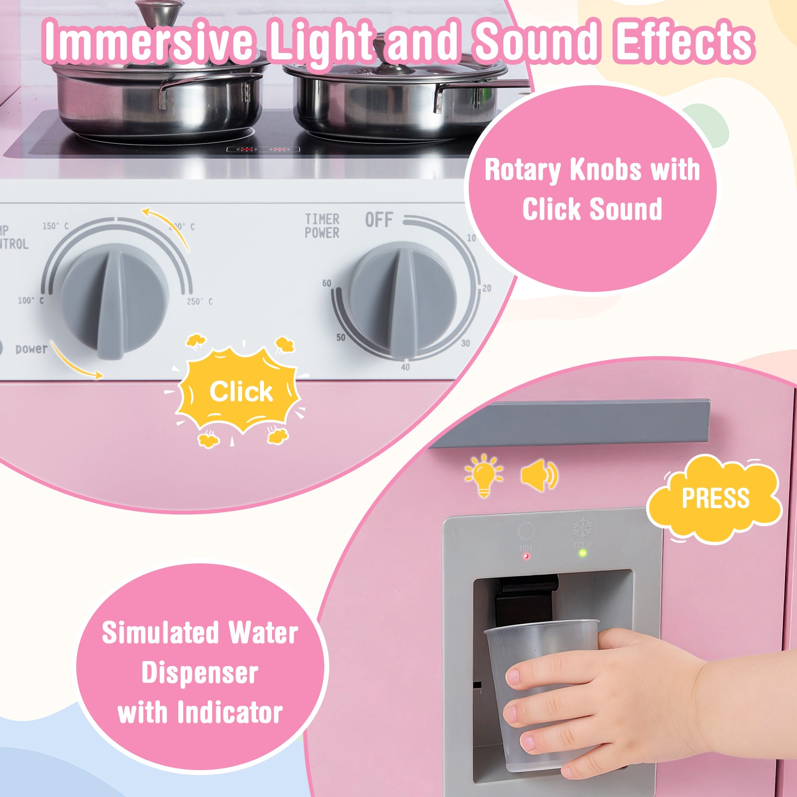 Pretend Play Kitchen Wooden Toy Set, With Real Lights Sounds, Pink Play Kitchen Sets at Gallery Canada