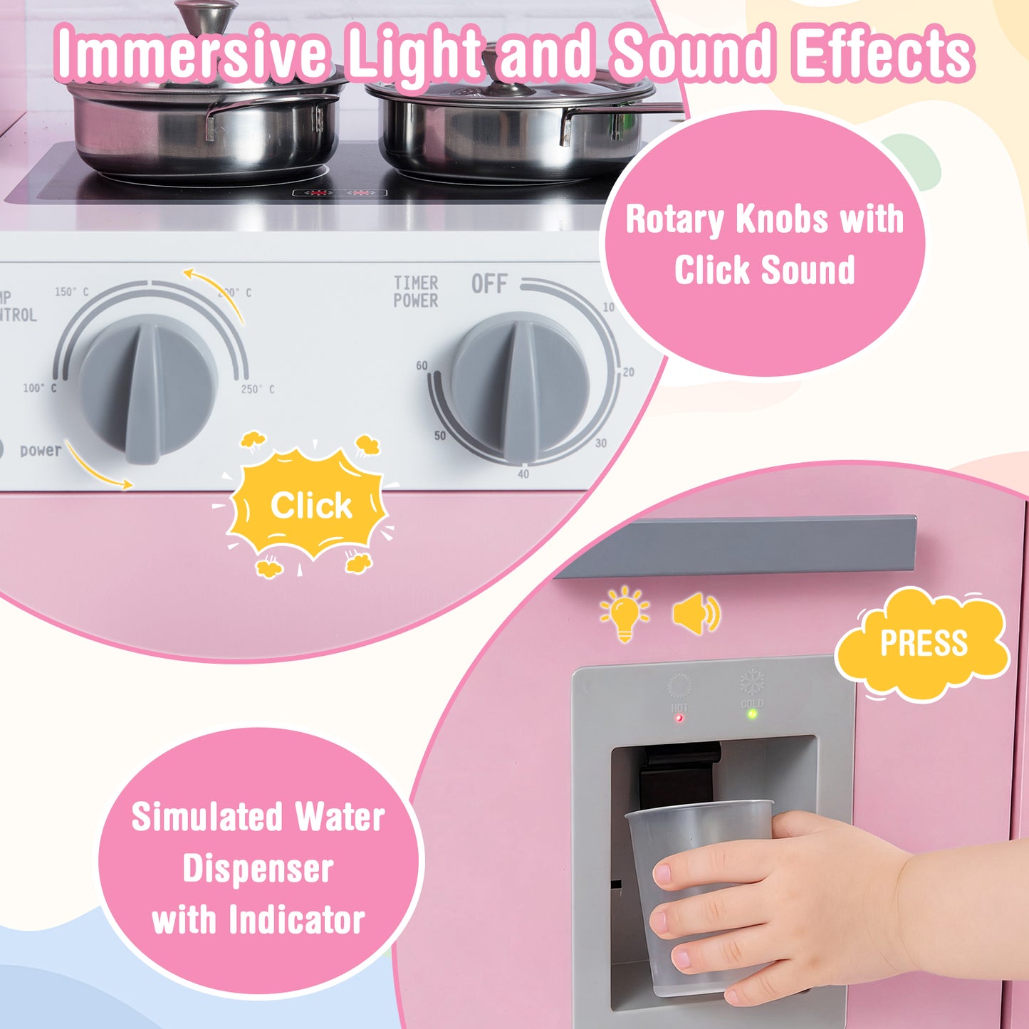 Pretend Play Kitchen Wooden Toy Set, With Real Lights Sounds, Pink Play Kitchen Sets at Gallery Canada