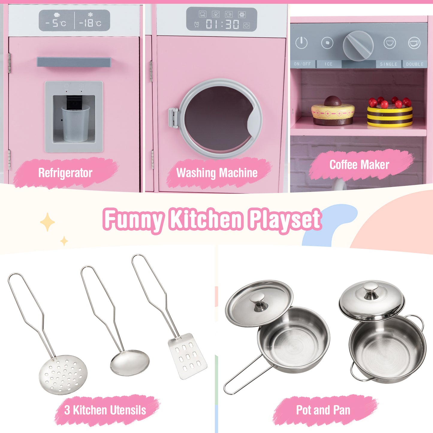 Pretend Play Kitchen Wooden Toy Set, With Real Lights Sounds, Pink Play Kitchen Sets at Gallery Canada