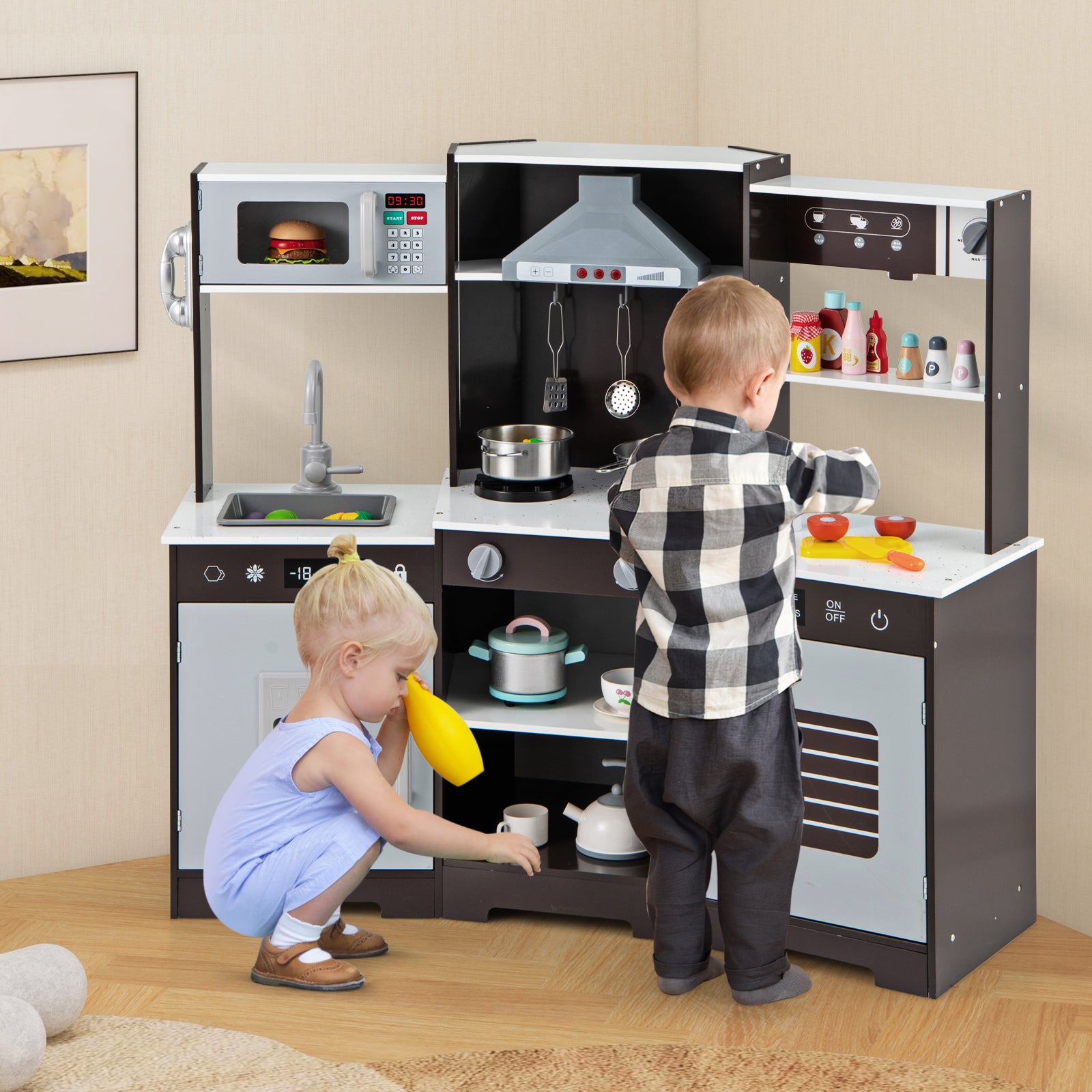 Wooden Pretend Play Kitchen Set With Sounds, Lights, Brown Play Kitchen Sets at Gallery Canada