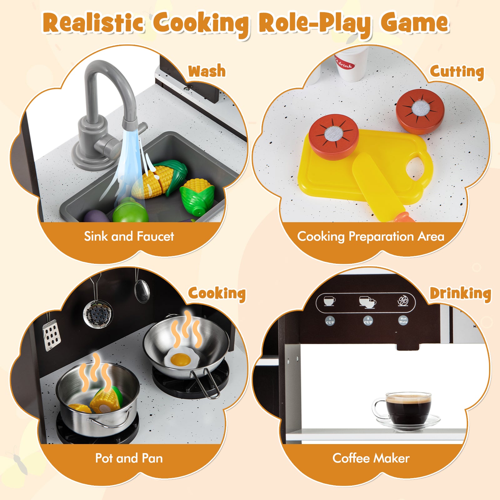 Wooden Pretend Play Kitchen Set With Sounds, Lights, Brown Play Kitchen Sets at Gallery Canada