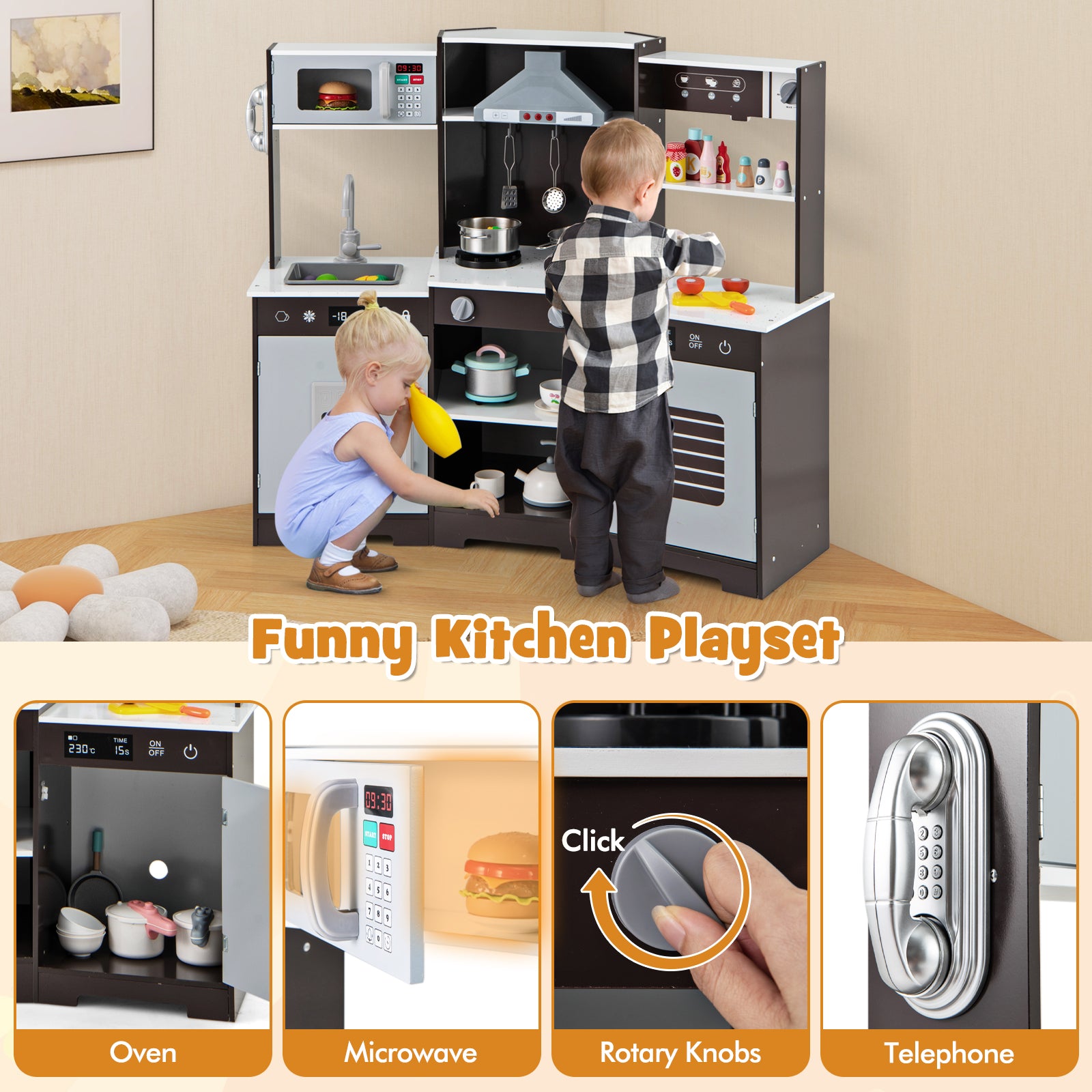 Wooden Pretend Play Kitchen Set With Sounds, Lights, Brown Play Kitchen Sets at Gallery Canada