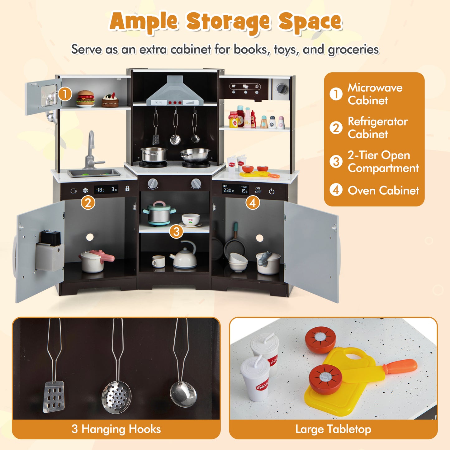 Wooden Pretend Play Kitchen Set With Sounds, Lights, Brown Play Kitchen Sets at Gallery Canada