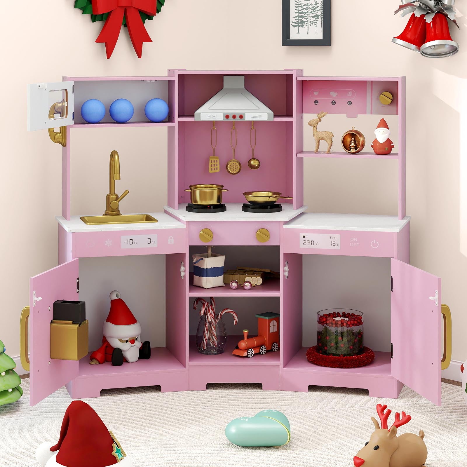 Pretend Play Kitchen Wooden Toy Set with Range Hood Real Sounds and Lights, Pink Play Kitchen Sets at Gallery Canada