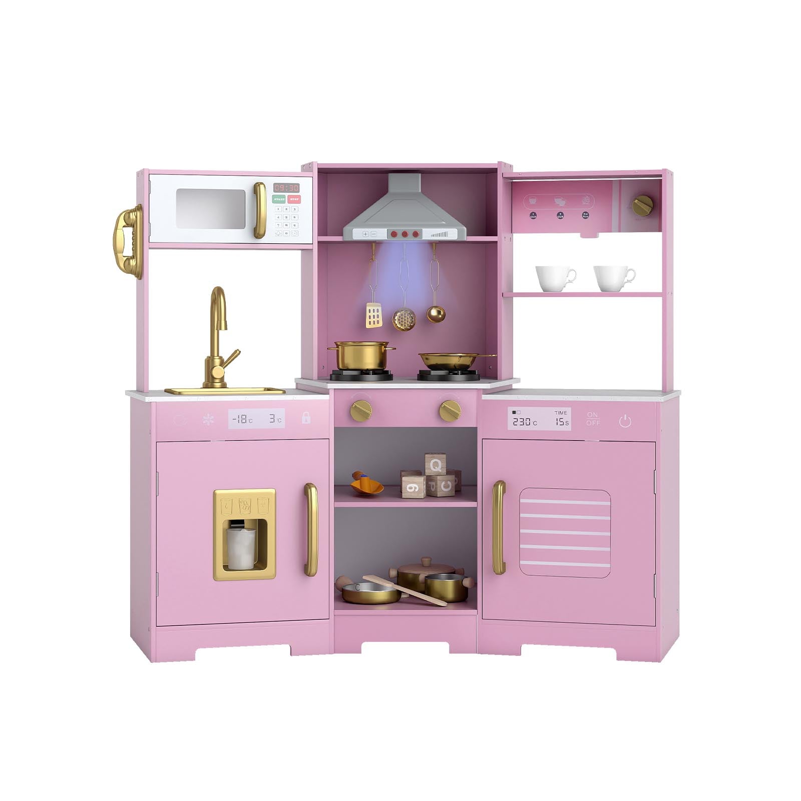 Pretend Play Kitchen Wooden Toy Set with Range Hood Real Sounds and Lights, Pink Play Kitchen Sets at Gallery Canada