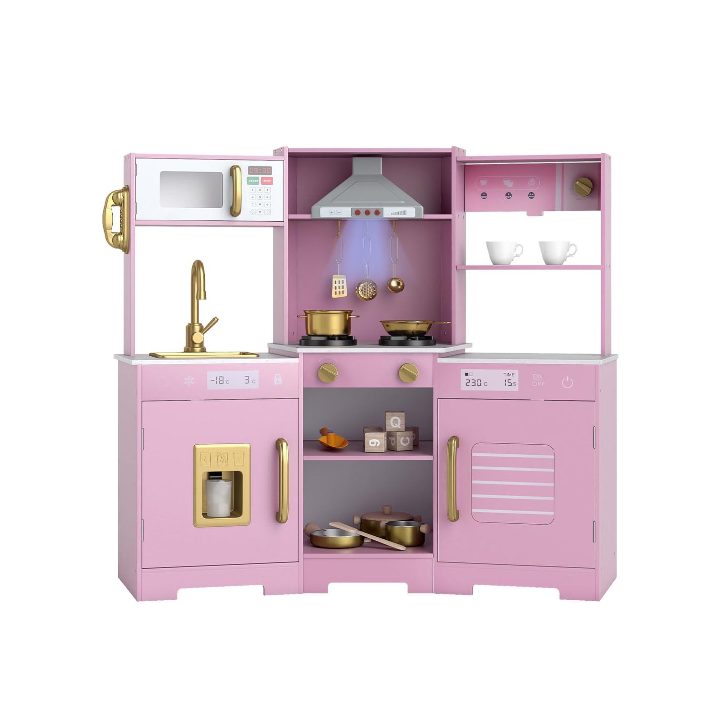 Pretend Play Kitchen Wooden Toy Set with Range Hood Real Sounds and Lights, Pink Play Kitchen Sets at Gallery Canada