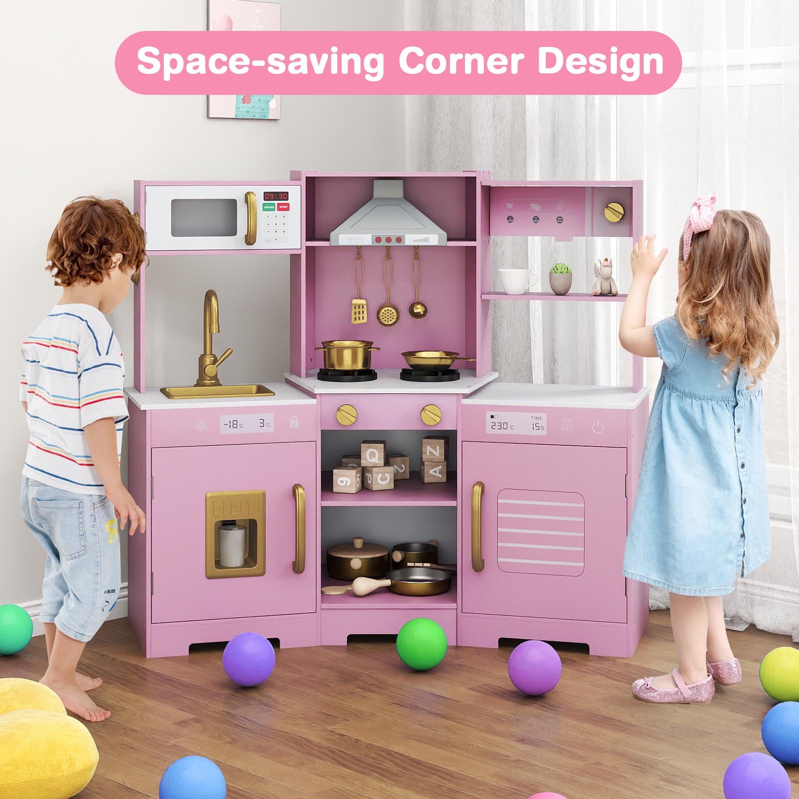Pretend Play Kitchen Wooden Toy Set with Range Hood Real Sounds and Lights, Pink Play Kitchen Sets at Gallery Canada