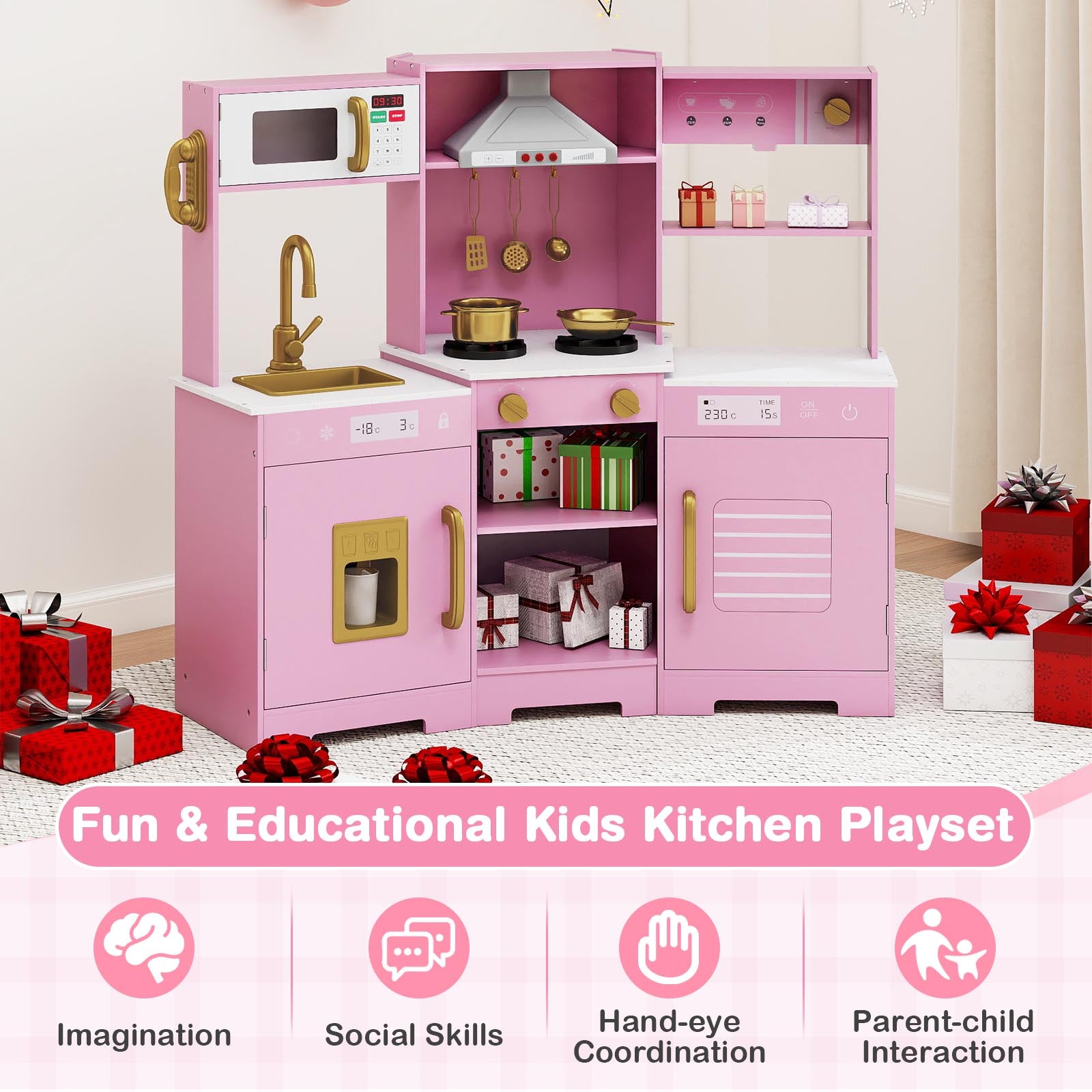 Pretend Play Kitchen Wooden Toy Set with Range Hood Real Sounds and Lights, Pink Play Kitchen Sets at Gallery Canada