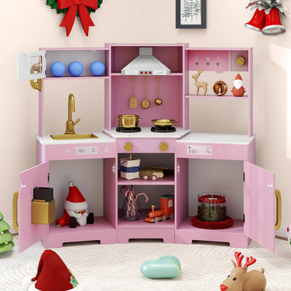 Pretend Play Kitchen Wooden Toy Set with Range Hood Real Sounds and Lights, Pink Play Kitchen Sets at Gallery Canada