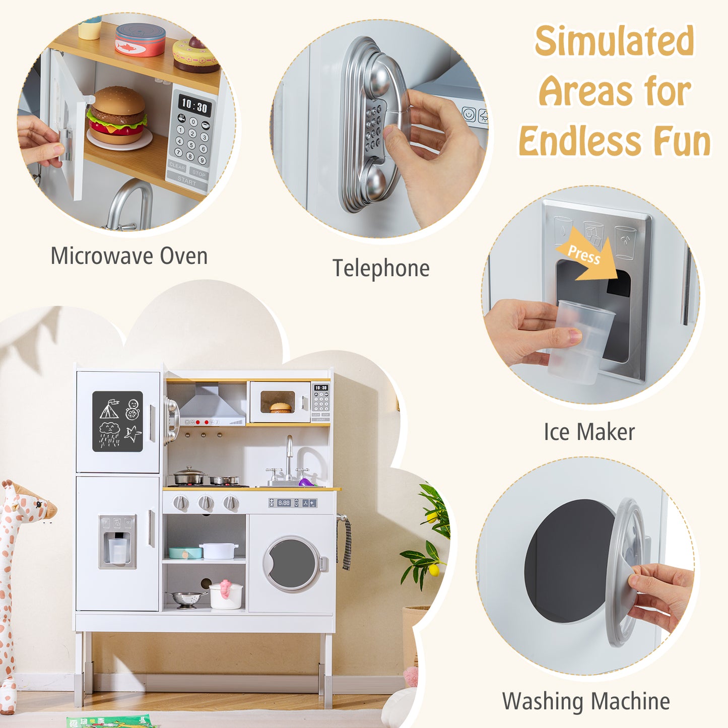 Pretend Play Kitchen Toy, With Range Hood, Ice Maker, Telephone, White Play Kitchen Sets at Gallery Canada