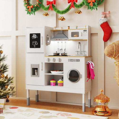 Pretend Play Kitchen Toy, With Range Hood, Ice Maker, Telephone, White