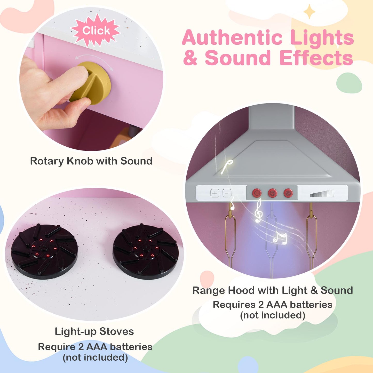 Pretend Play Kitchen Wooden Toy Set with Range Hood Real Sounds and Lights, Pink Play Kitchen Sets at Gallery Canada
