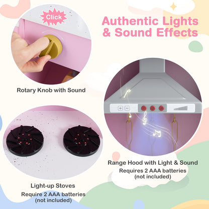 Pretend Play Kitchen Wooden Toy Set with Range Hood Real Sounds and Lights, Pink Play Kitchen Sets at Gallery Canada