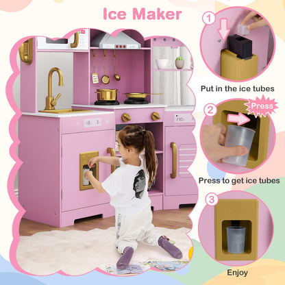 Pretend Play Kitchen Wooden Toy Set with Range Hood Real Sounds and Lights, Pink Play Kitchen Sets at Gallery Canada