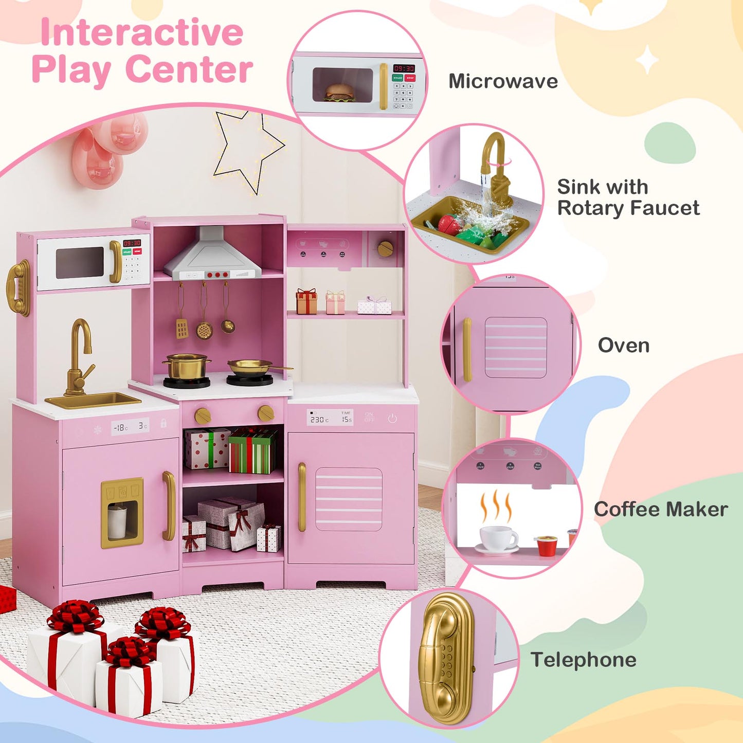 Pretend Play Kitchen Wooden Toy Set with Range Hood Real Sounds and Lights, Pink Play Kitchen Sets at Gallery Canada