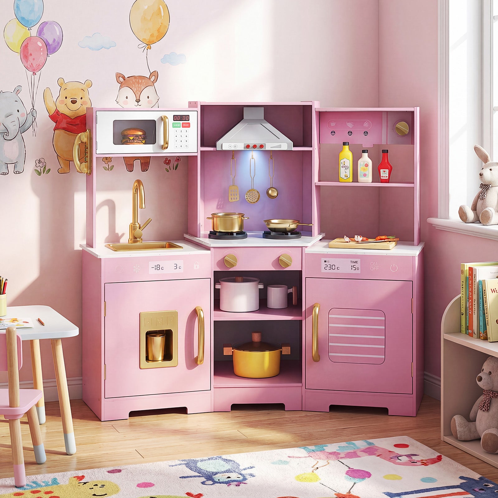 Pretend Play Kitchen Wooden Toy Set with Range Hood Real Sounds and Lights, Pink Play Kitchen Sets at Gallery Canada