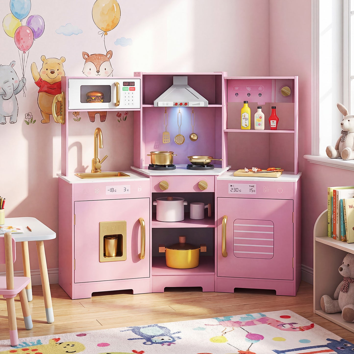 Pretend Play Kitchen Wooden Toy Set with Range Hood Real Sounds and Lights, Pink Play Kitchen Sets at Gallery Canada