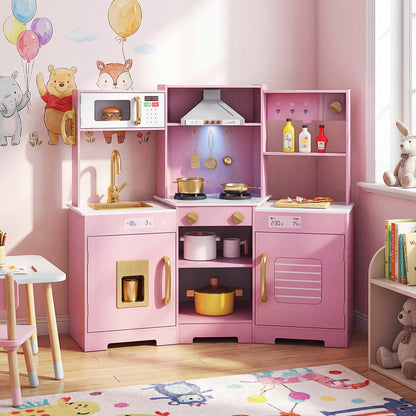 Pretend Play Kitchen Wooden Toy Set with Range Hood Real Sounds and Lights, Pink Play Kitchen Sets at Gallery Canada