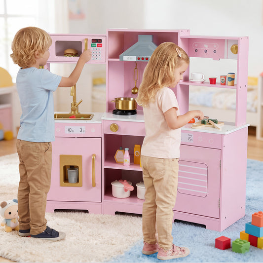 Pretend Play Kitchen Wooden Toy Set with Range Hood Real Sounds and Lights, Pink Play Kitchen Sets Pink at Gallery Canada