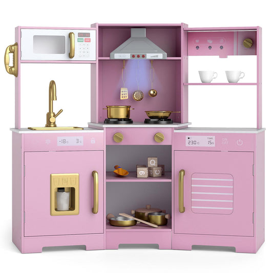 Pretend Play Kitchen Wooden Toy Set with Range Hood Real Sounds and Lights, Pink Play Kitchen Sets Pink at Gallery Canada
