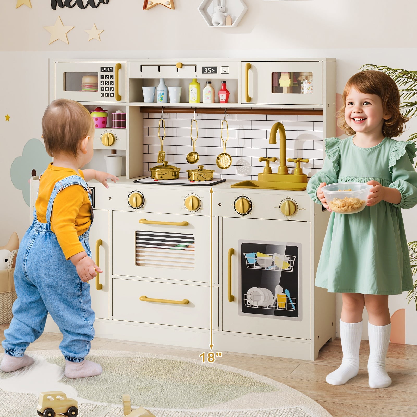 Pretend Toy Kitchen Set with Stoves and Water Dispenser-BE, Beige Play Kitchen Sets at Gallery Canada