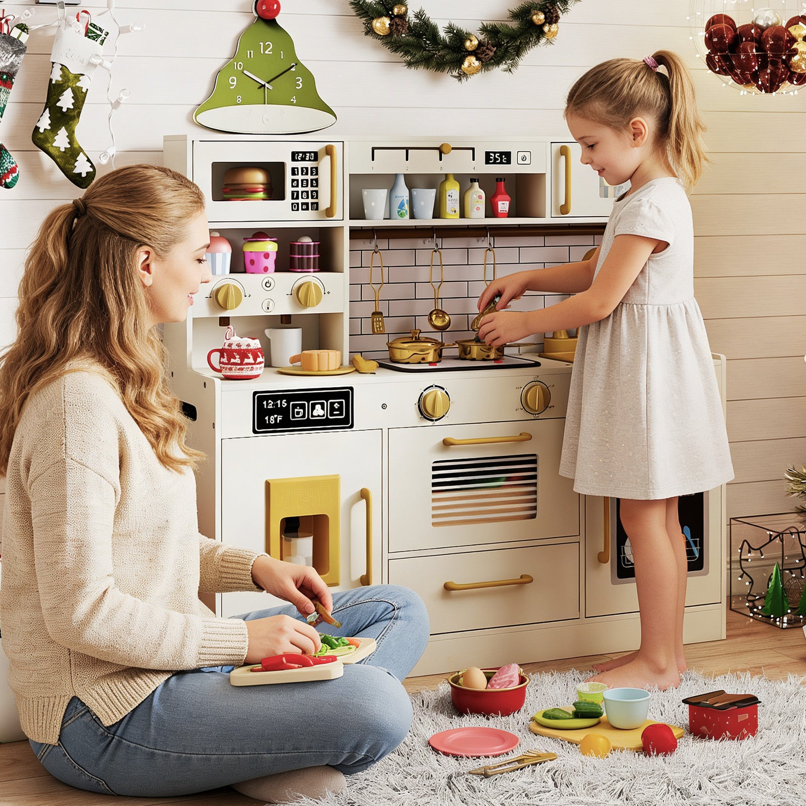 Pretend Toy Kitchen Set with Stoves and Water Dispenser-BE, Beige Play Kitchen Sets at Gallery Canada